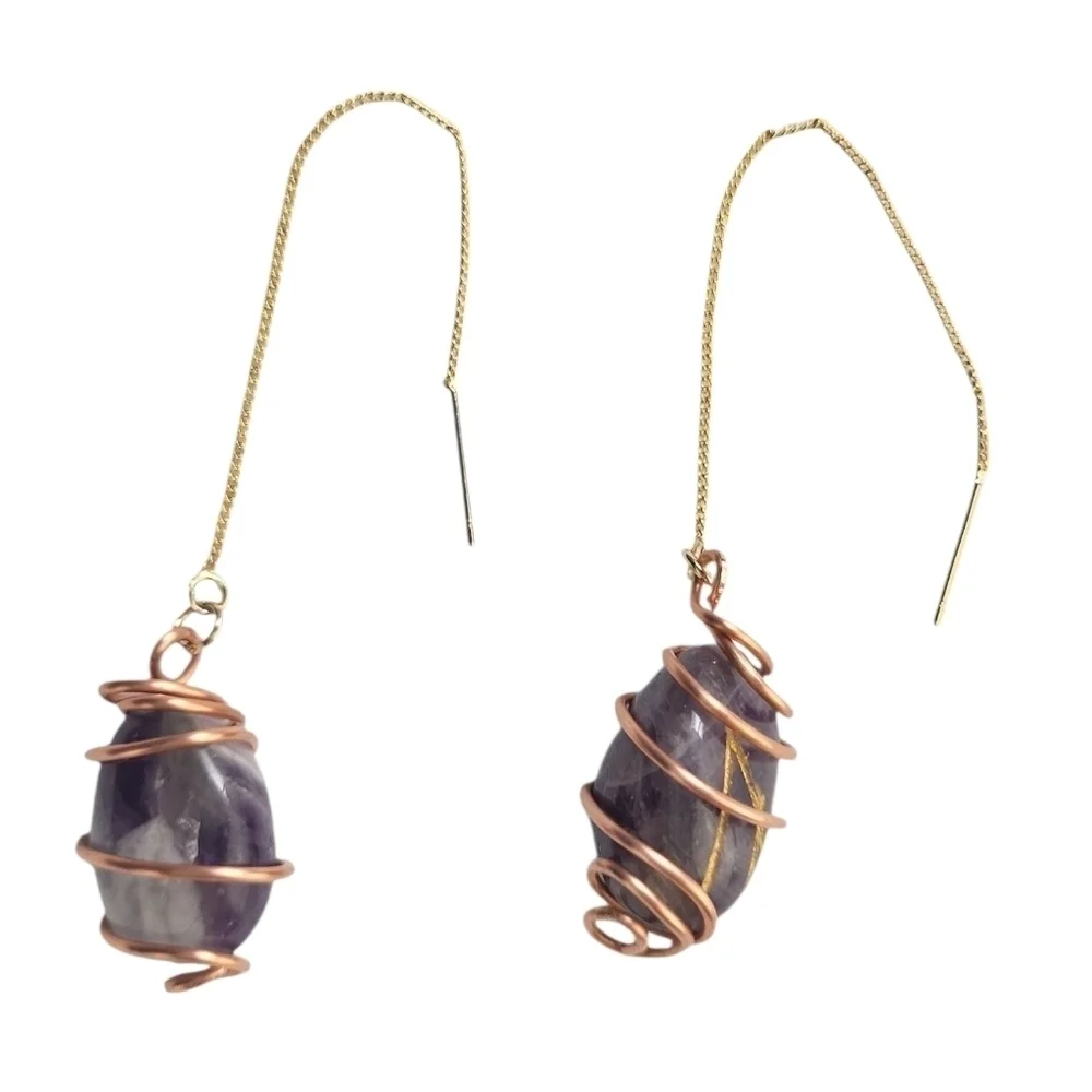 Amethyst Stud Earrings 18K Gold Plated Brass Copper Wire Wrapped Crystal Gemst